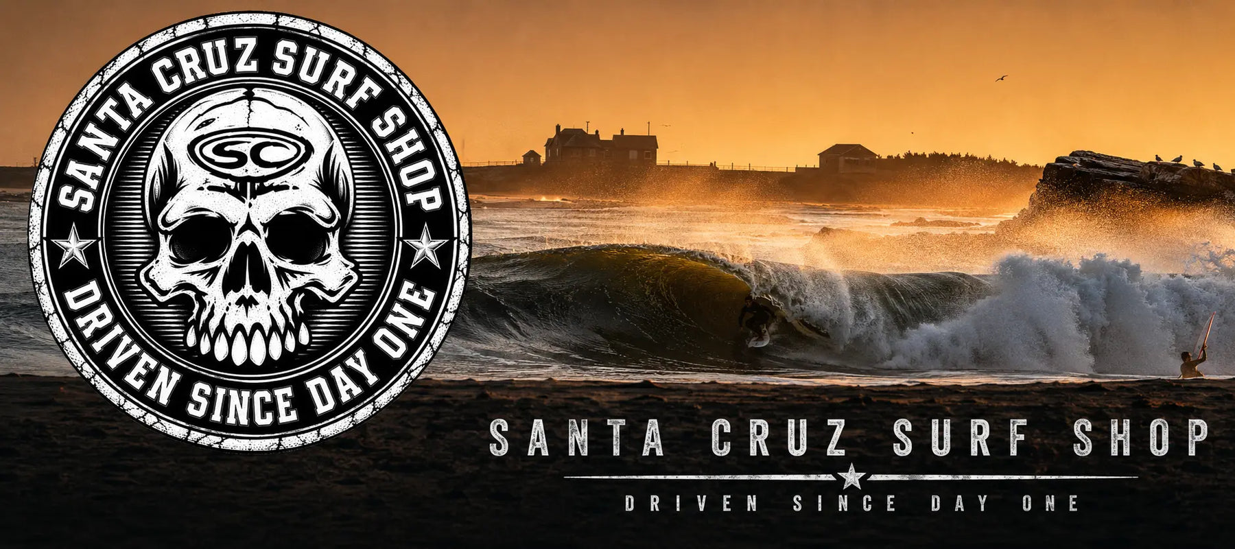 Promotional graphic for Santa Cruz Surf Shop featuring a large black-and-white skull logo on the left and a beach wave scene at sunset on the right, with the text 'Santa Cruz Surf Shop' and 'Driven Since Day One'.